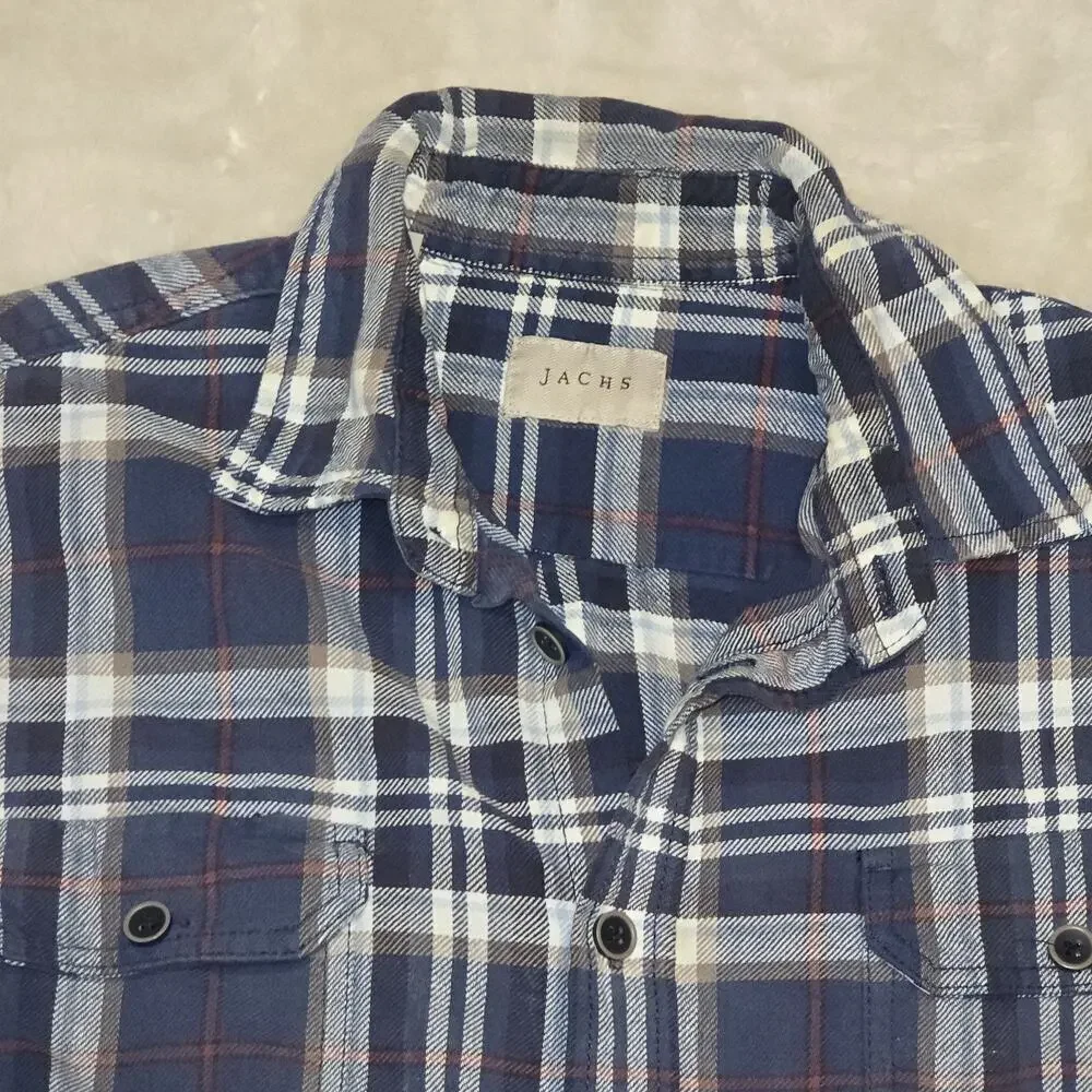 Jachs Men’s Flannel Shirt Blue Plaid Long Sleeve Button Front Casual Size M